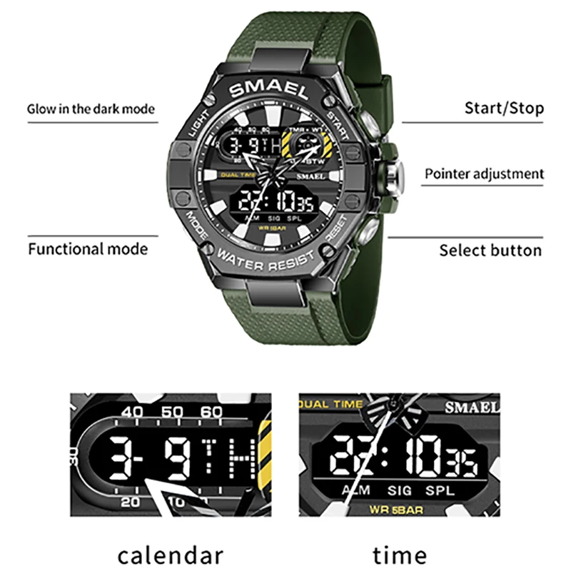 SMAEL Dual Time Red Digital Watch Men Military Sport Chronograph Quartz Electronic Digital Wristwatch with Date Week Waterproof