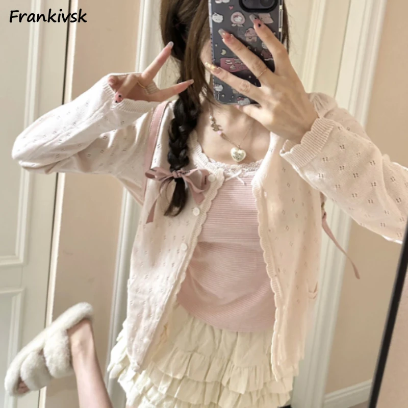 Pockets Women Cardigan Button Sweet Slim Hollow Out Spring Tender Temper Korean Style Long Sleeve Fashion Y2k Aesthetic Fairy