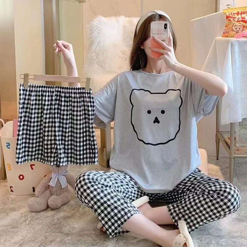 Women Three-piece Set Senior sense Pajamas Print Sleepwear Set Young Girls   Round Neck Short Sleeved Top Loungewear Homewear