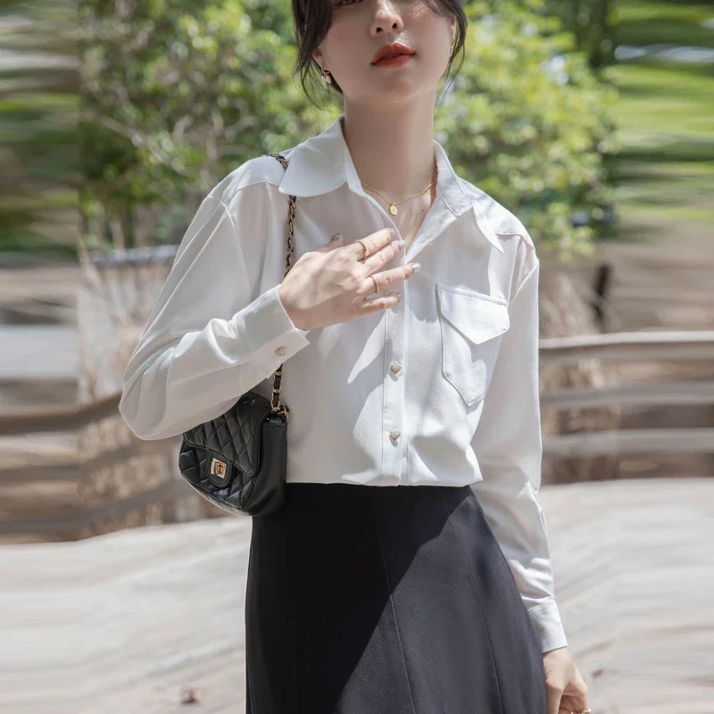 Fashion Autumn Office Lady Long Sleeve Turn Down Collar Women Shirt White Chiffon Shirt Blouse Women Tops Blusas Para Mujer A644