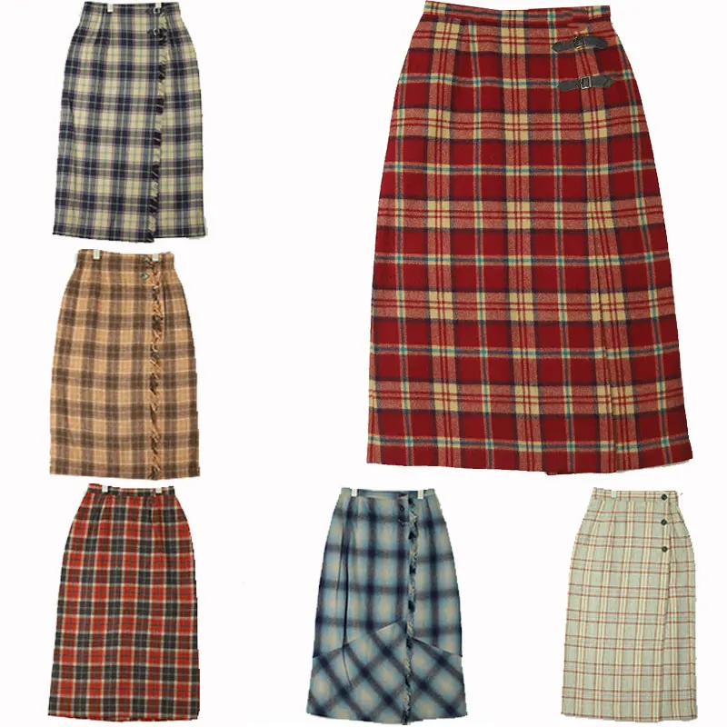 

Винтажная клетчатая юбка А-силуэта с завышенной талией и молнией, приталенная, для офиса, женская модная коллекция Весна, шерстяная смесь
