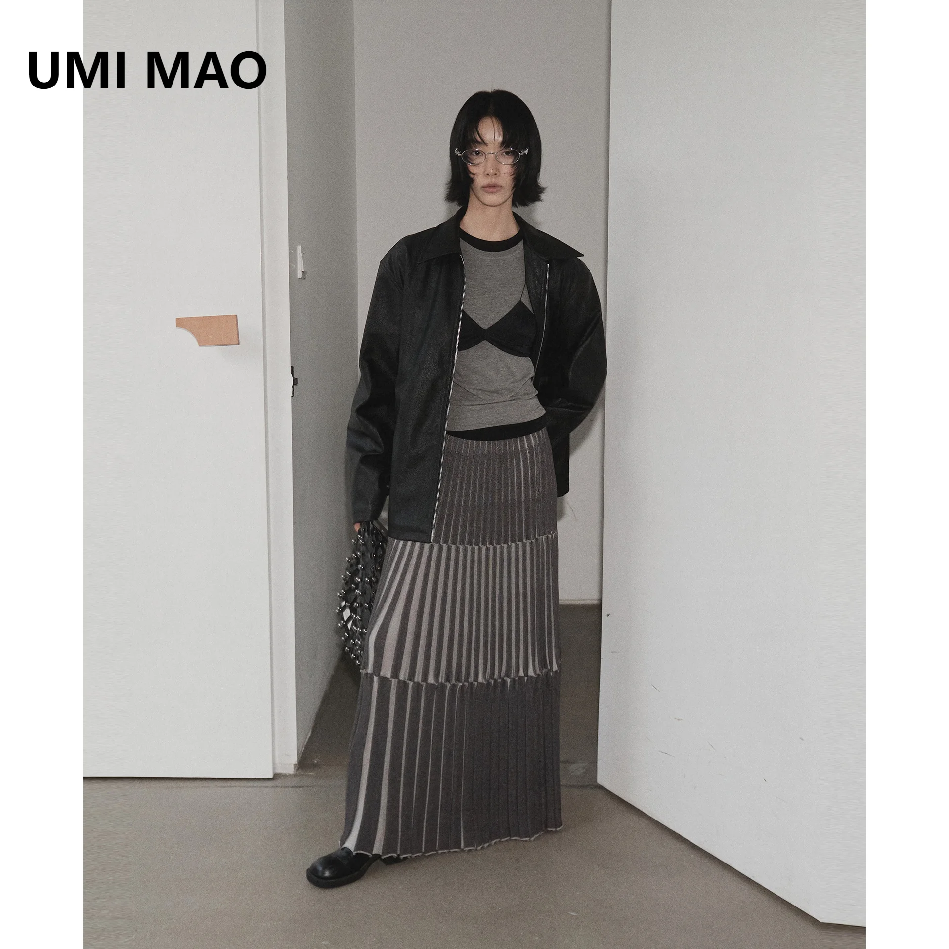 UMI MAO Retro Style Knitted Striped Thick Pleated Skirt For Women  Autumn Winter With A Large Skirt  A Floor Length Skirt