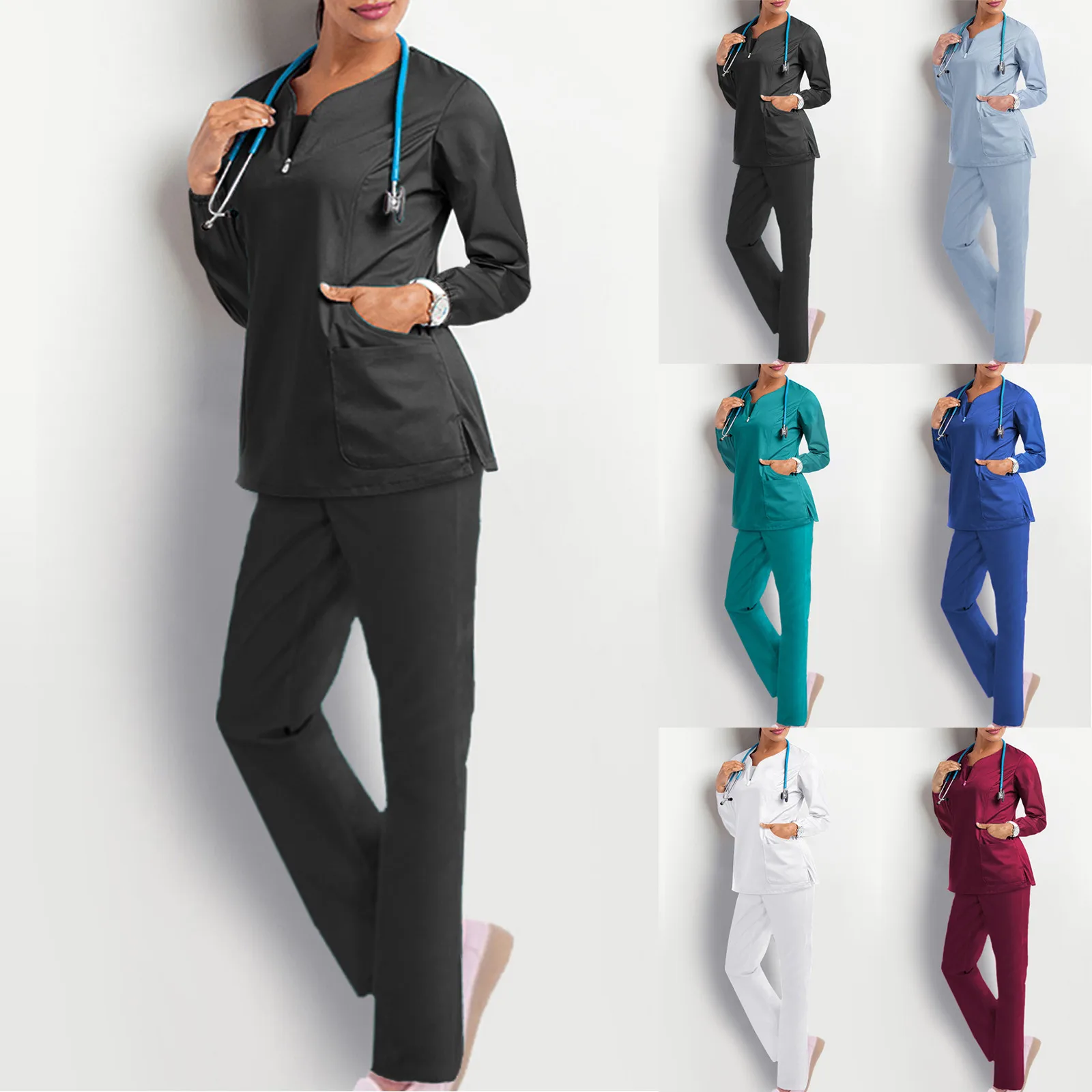 Nurse Scrub For Women Hospital Solid Top With Classic V-Neck & Sports Jogger Pants Medical Nursing Uniform Set Healthcare Suit