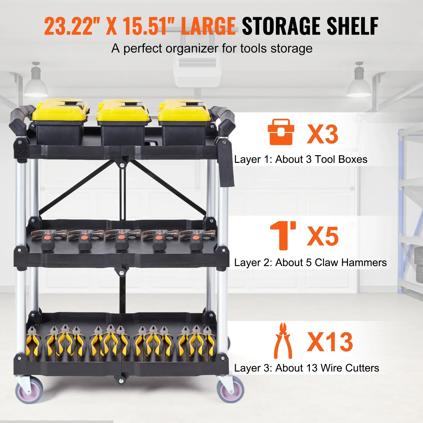 Foldable Utility Service Cart, 3 Shelf 165LBS Heavy Duty Plastic Rolling Cart, Ergonomic Handle,Portable Garage Tool Cart