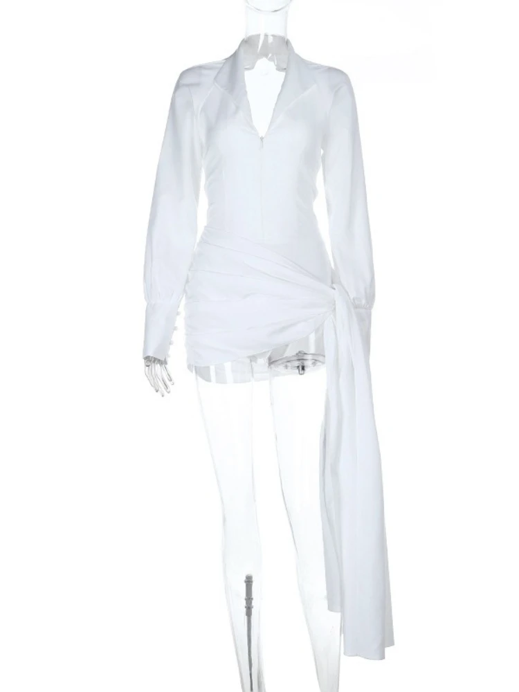 SsTss レディース ホワイト 長袖 シャツワンピース ジップアップ フロント Vネック スリム レースアップ バックレス ルーシュド リボンタイ ミニ パーティー ナイトドレス