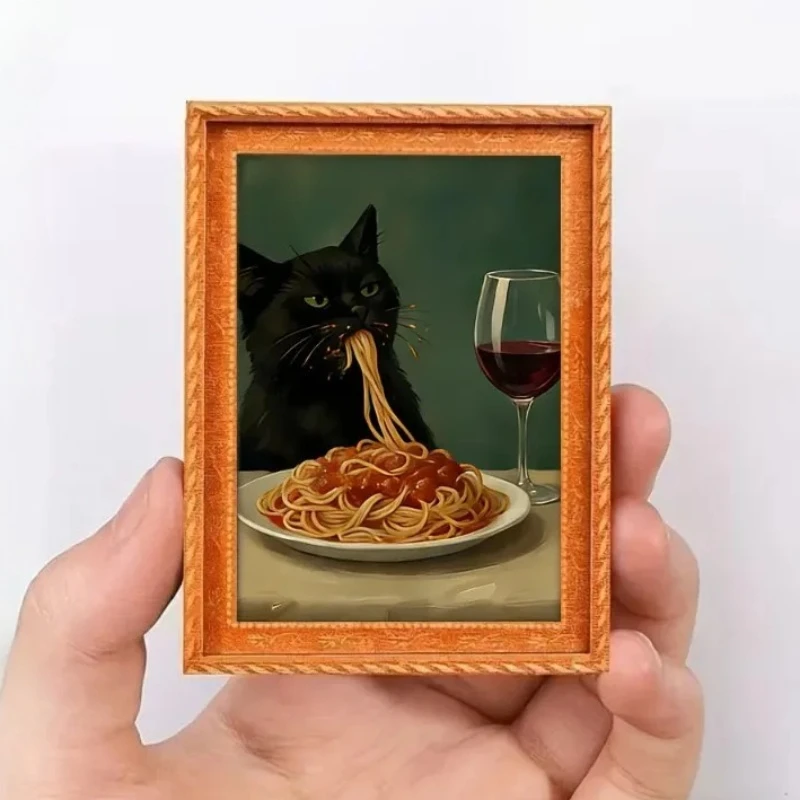 Lazy Black Cat Refrigerator Magnet Wooden Frame Decor Painting Black Cat Eating Pasta Drinking Red Wine Kitchen Home Decor