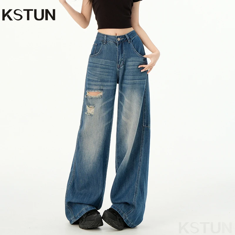 

KSTUN 2026 Summer Women's Jeans Ripped Wide Leg Denim Pants Distressed Loose Straight Jeans Cool Lyocell Fabric Soft-fall Pants