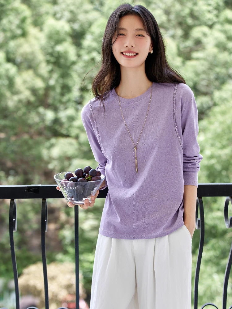 

VIMLY Purple Elegant Woman Tops 2025 Autumn Split Lace Women‘s Long Sleeve T-shirts Loose Knitted O-neck Female T-shirt A2111