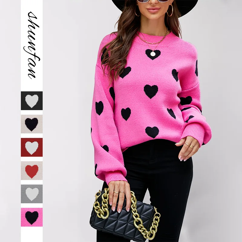 

2025 Winter New Valentine's Day Love Head Women's Knitted Sweater Women's Large Loose Cross border Sweater Women