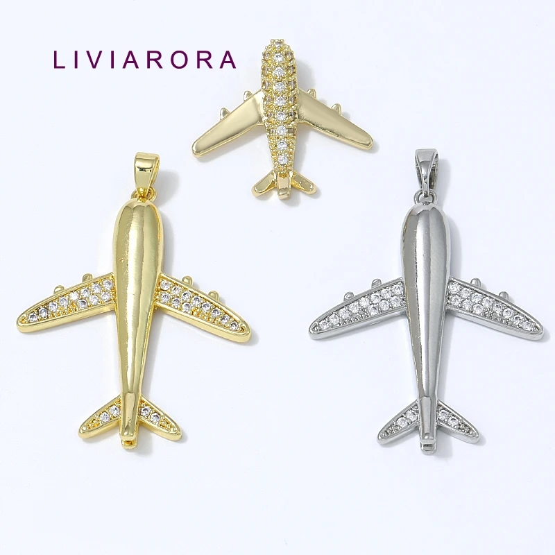 1Pc 18K Gold Plated Brass Airplane Plane Pendant Cubic Zirconia CZ Travel Aviation Theme Charms For DIY Necklace Jewelry Making