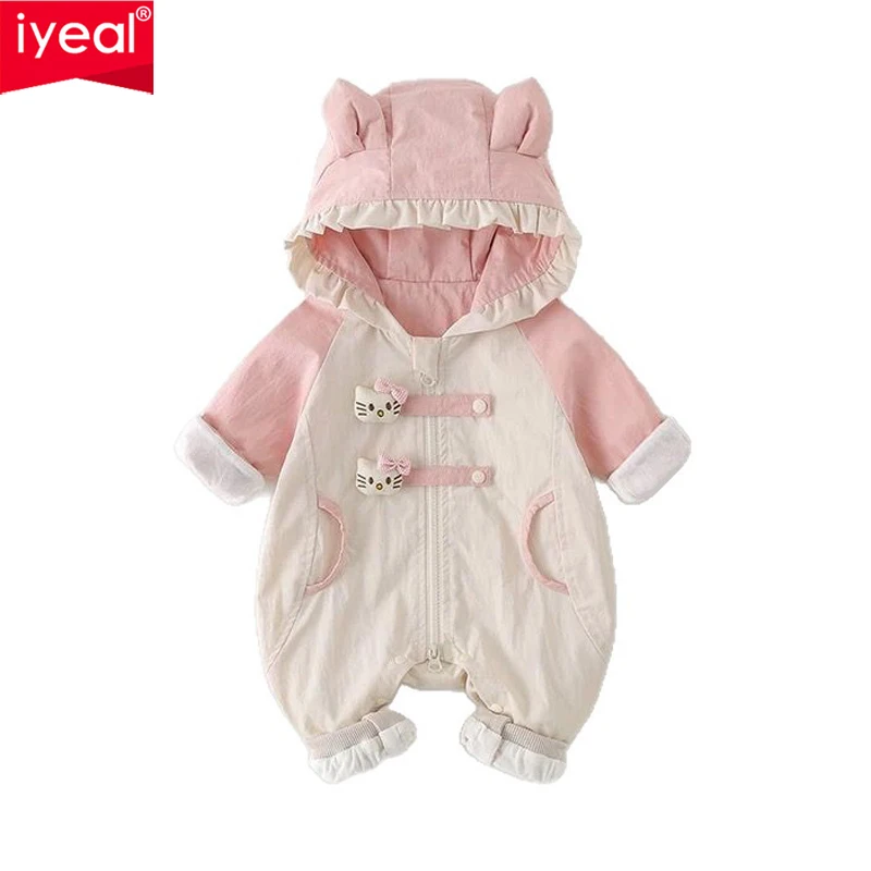 

Комбинезон IYEAL для маленьких девочек с милым рисунком котенка, весенне-осенний комбинезон с капюшоном для девочек 1 года, верхняя одежда