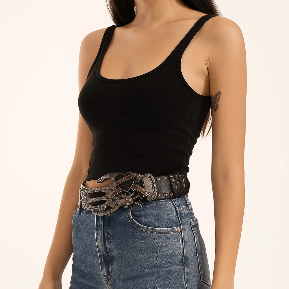 

Ретро Джинсы Декор Череп Заклепки Ремень Американский Панк Скелет Любовь Рука Пальмы Ремень Корейский Стиль Y2k Пояса из искусственной кожи Ежедневно