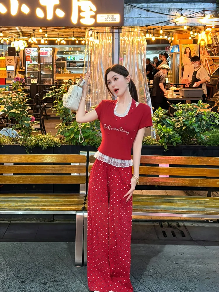 

Summer Hot Love Polka Dot Cotton ter Ne T-irt Set V-Ne Wide Leg Pants Inner Wear Ele Sle Women's Faion Set