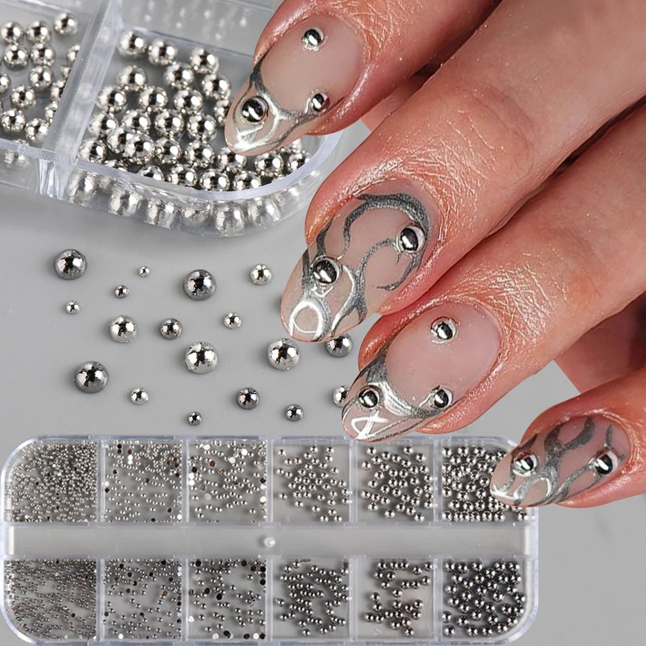 12 Grids Golden Silvery Stainless Steel Nail Art Beads Gun Black Mixed-Sizes Metal Semicircle Nail Balls Design DIY Decor
