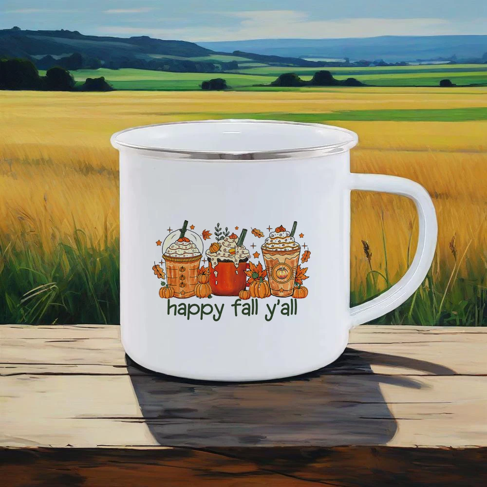 

Thanksgiving Enamel Mug Orange Series Coffee Mug With Pumpkin Soup Cups Harvest Pattern Drinkware Hiking Camping Safe Use Cup