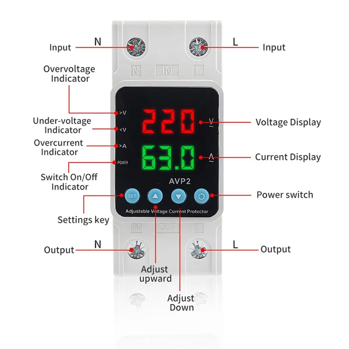 AA80 Rail Adjustable over Voltage Under Voltage Protection Device Overcurrent Protector 63A Digital Display Voltage Protector