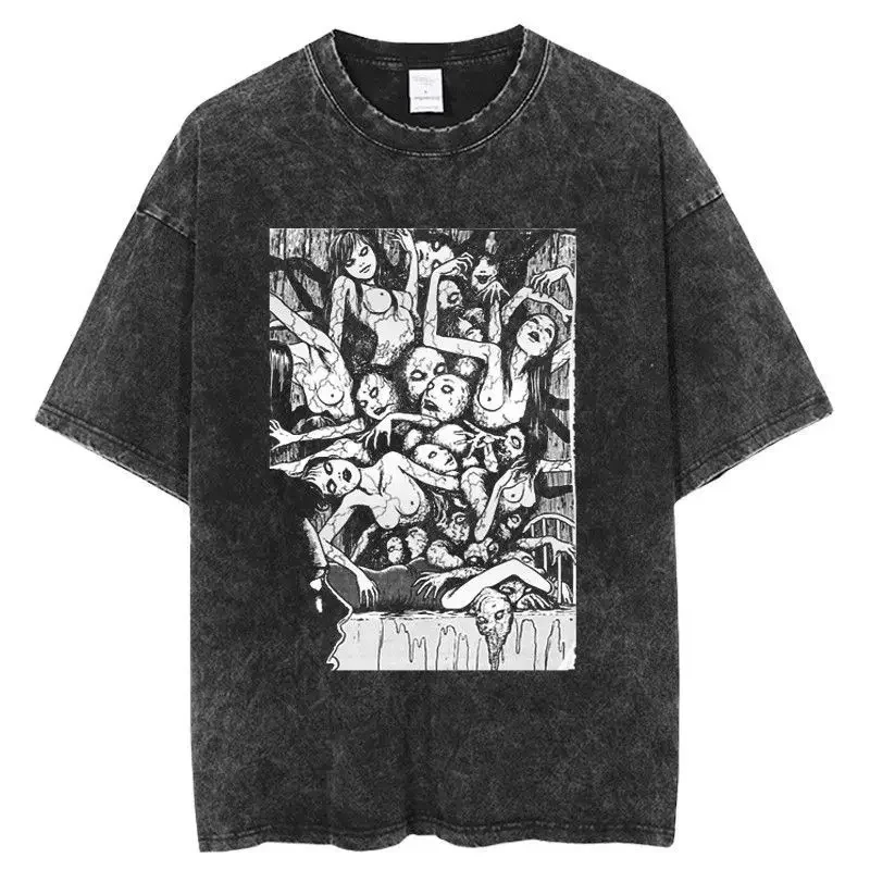 

2025 Tomie Junji Ito Richiang Vintage Washing Distressed Printing Short Sleeve T-shirt for Men Crew Neck Ghost Slayer Top