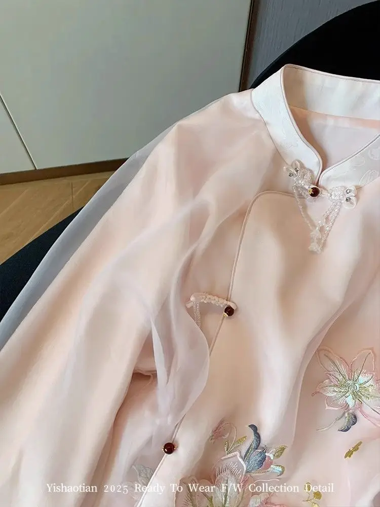 بلوزات شيفون مطرزة للنساء بأكمام طويلة بلوزات فضفاضة عتيقة على الطراز الصيني شيونغسام مقاس كبير