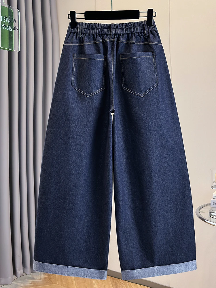 Authentic Casual High Waist Wide Leg Jeans Elastic Waist Loose Fit Long Pants Cotton Polyester Spandex Blend Knife Pleat Design