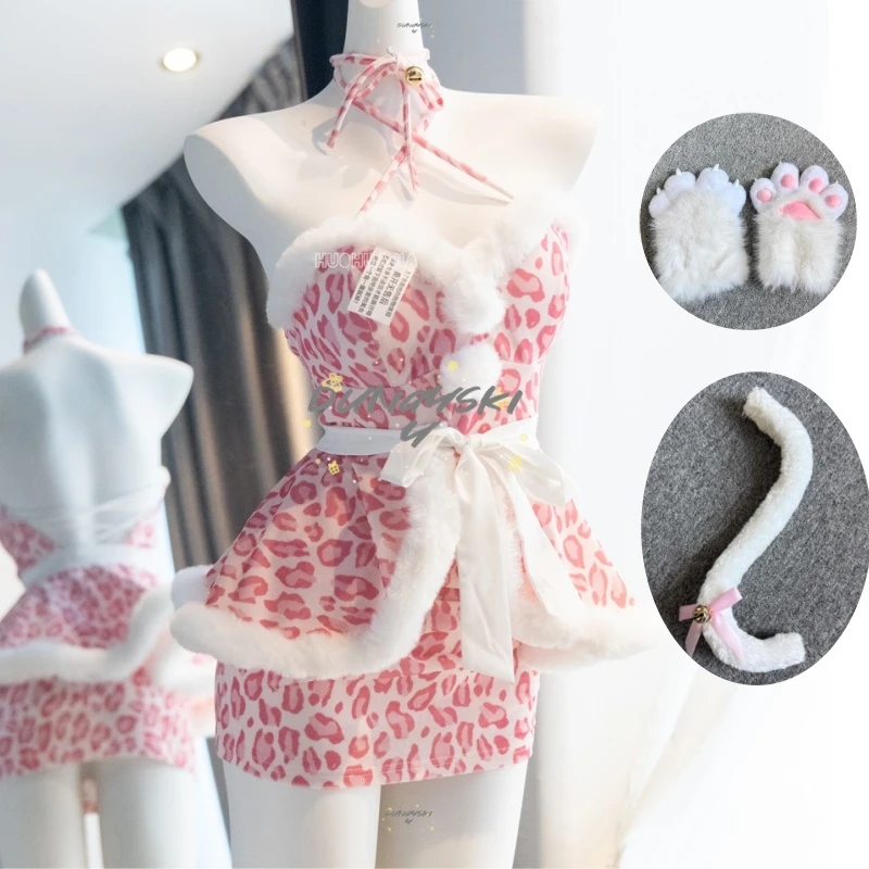 

Handmade Pink Leopard Print Y2K Harajuku Spicy Girl Plush Cosplay Set Necklace Top Mini Cake Skirt For Christmas