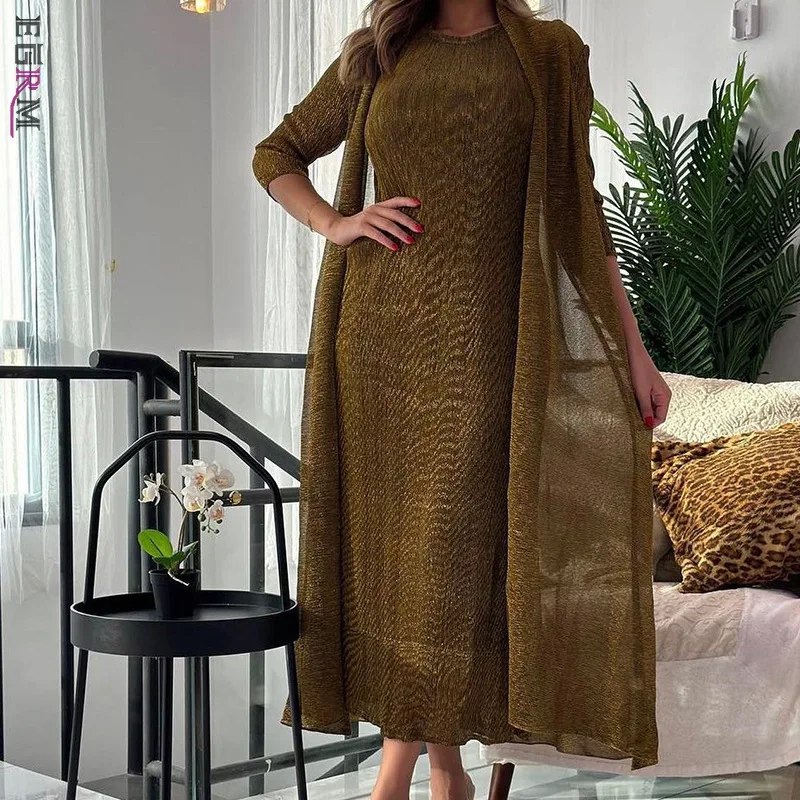 EGRM Women\'s Fashion Pleated 2 Pieces Sets Solid Color Long Sleeves Coat Round Neck Gold Dresses 2024 New Clothing 2AA1750