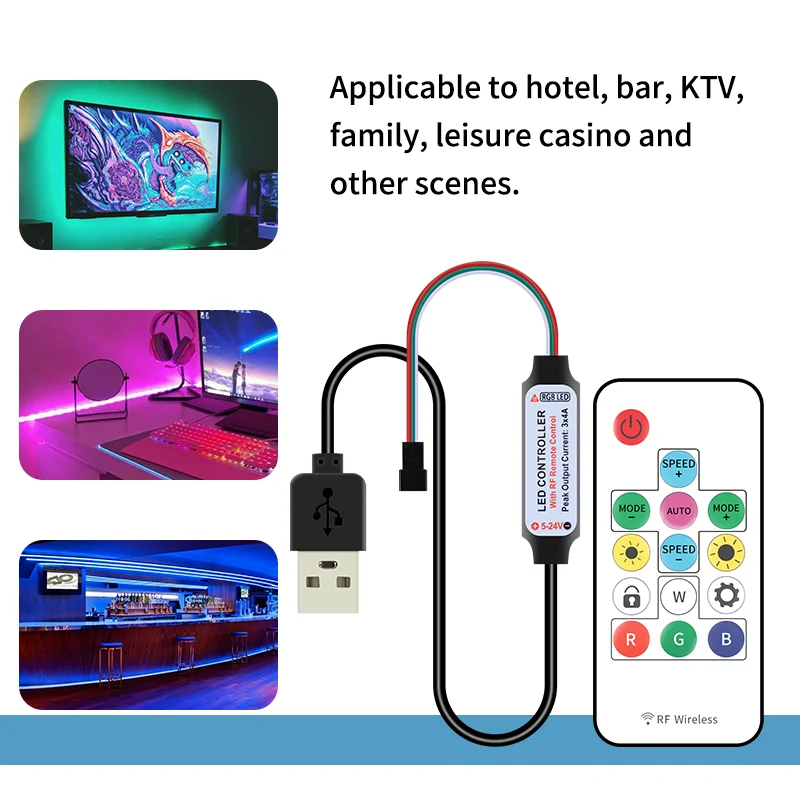 USB RGB LED Dimmer Controller, controle remoto, TV Backlight, RF para WS2812, 3PIN LED Strip, Decore a lâmpada do quarto, 14Key, DC 5V