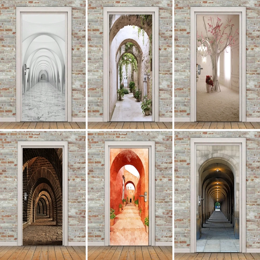 

1 Set PVC Removable Waterproof Door Sticker Retro 3D Space Expansion Archway Corridor Wall Decal Home Decor 37x84inch/30x78inch