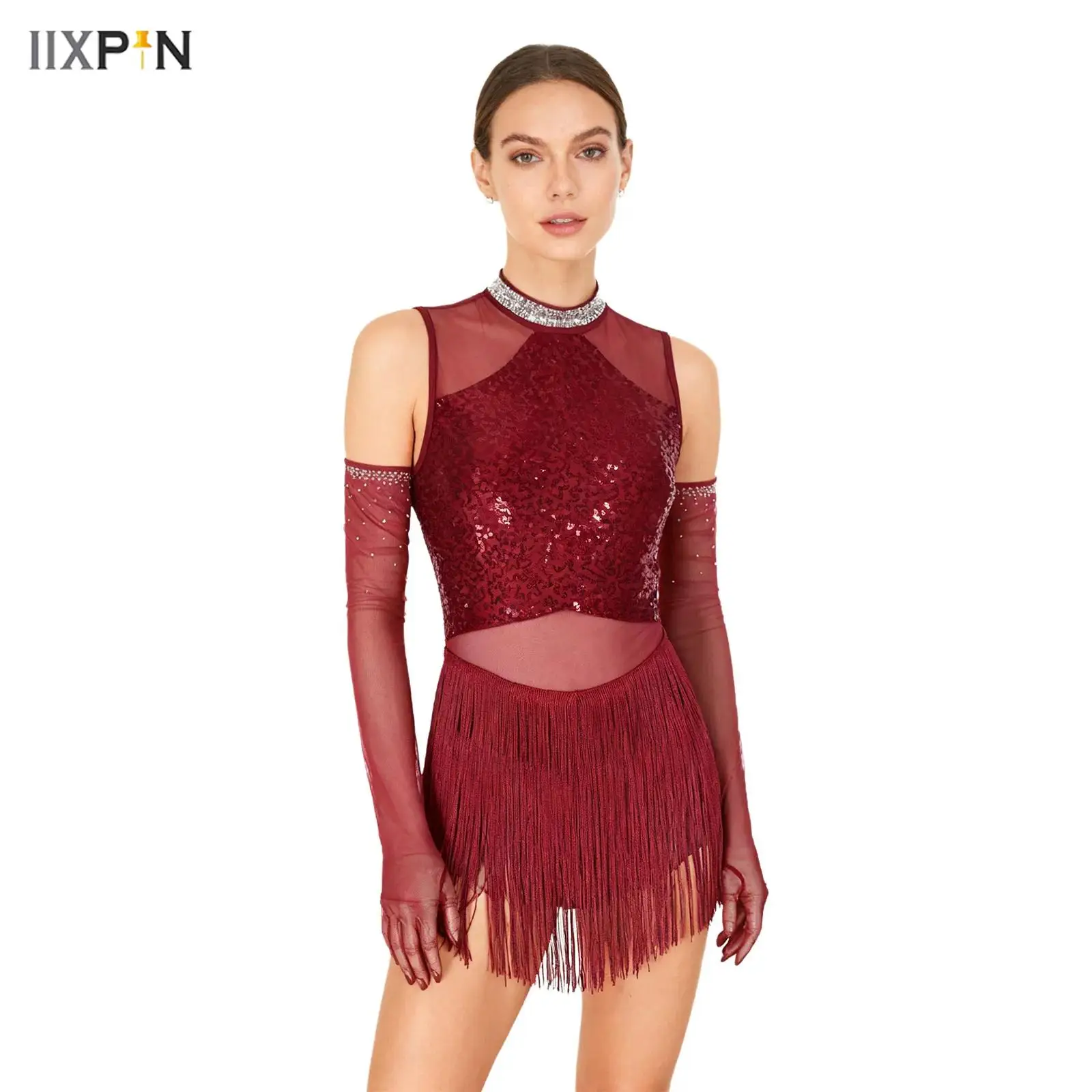 

Womens Latin Tango Dance Costume Glittery Sequin Mesh Splice Fringe Dance Leotard Dress with Gloves Rumba Cha-Cha Samba Dresses