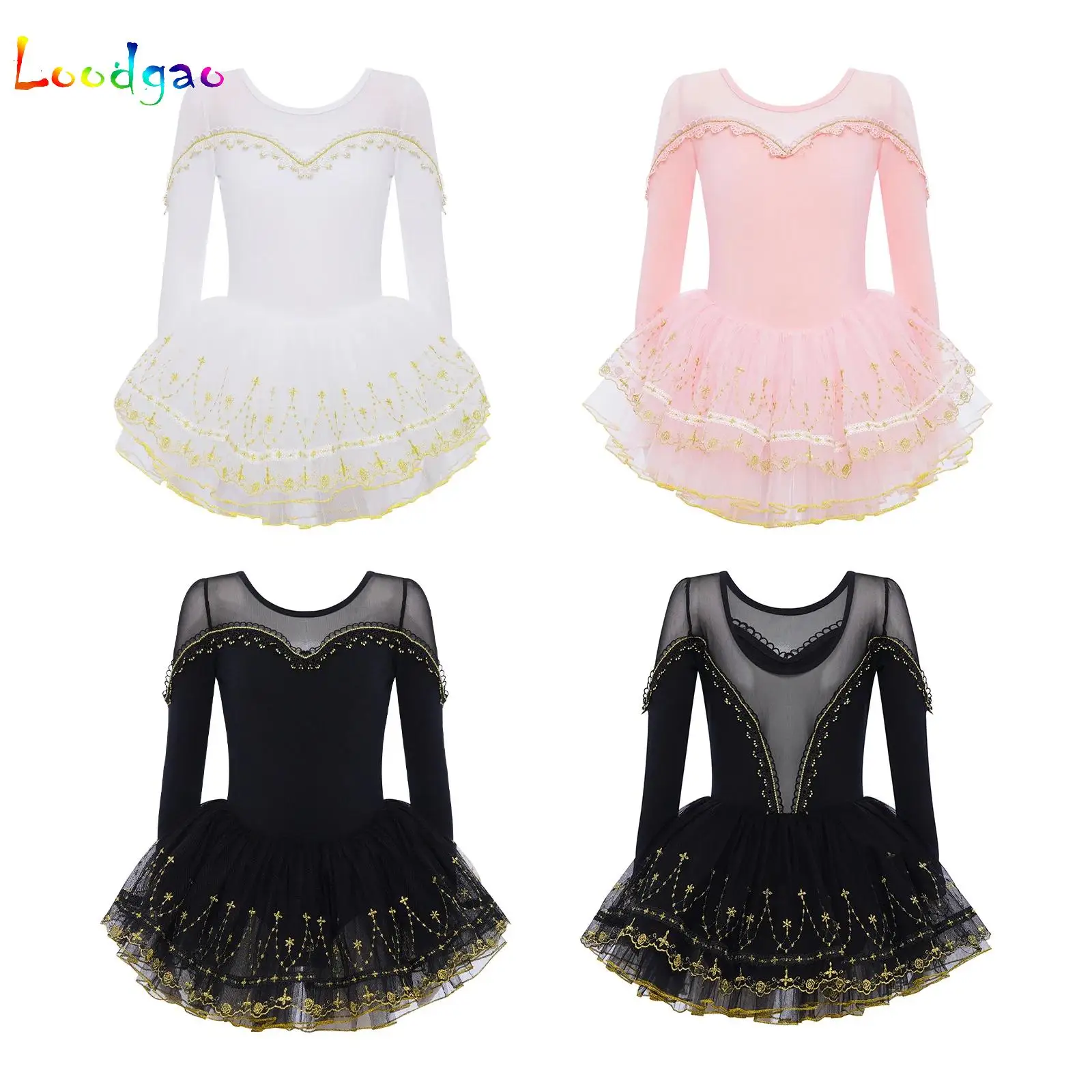 

Детское профессиональное балетное платье-пачка для девочек, танцевальное платье, элегантный костюм для выступлений, прозрачная сетчатая кружевная балерина с длинными рукавами, праздничная одежда