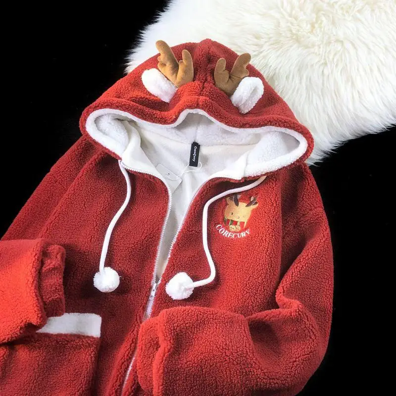 

Chinese Retro Cute Animals Harajuku Women's Hoodie Winter Leisure Cashmere Red Sweet Coat Loose Sweatshirt Tops