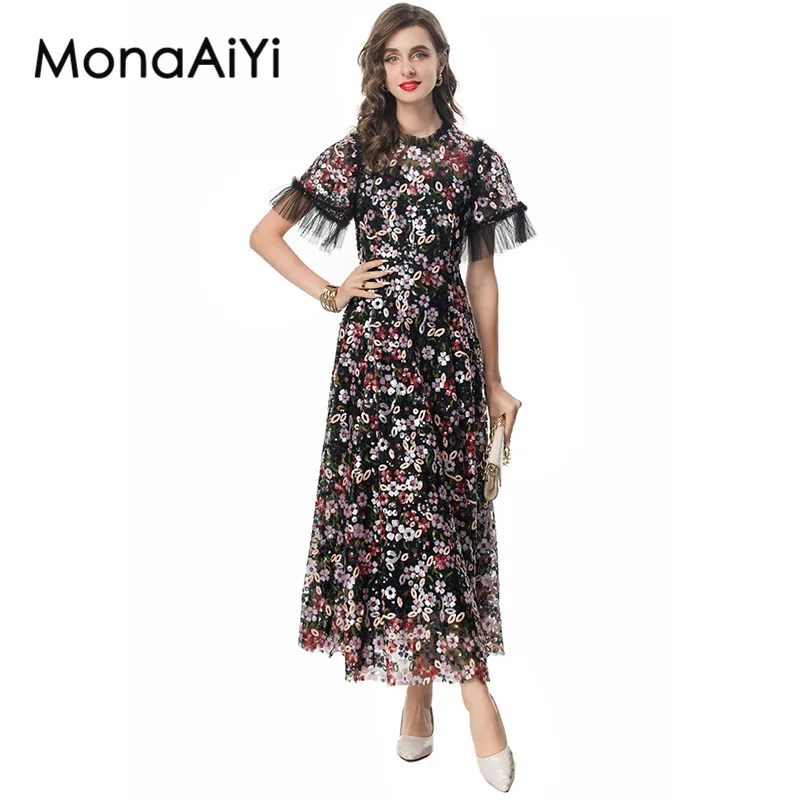 MonaAiYi Fashion Design Summer Women's Dress Short-Sleeved Sequins Chic Elegant Party Black Ball Gown S-4XL Dresses