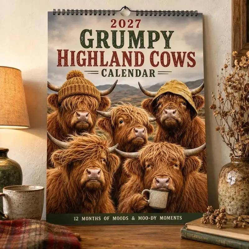 Playful Cow 2027 Calendar with Monthly Paper Pages and Top Binding, Featuring Different Cow Artwork Each Month for Office D2RC
