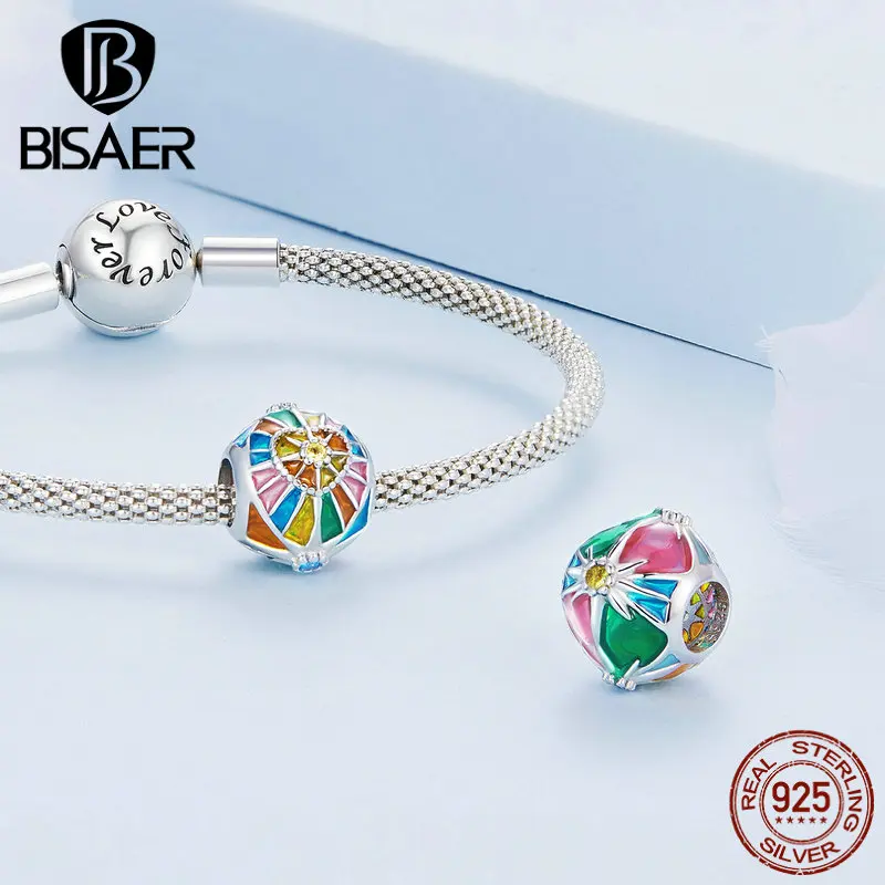 BISAER 925 Sterling Silver Colorful Sun Tarot Charm Square Tarots Lovers Pendant For Women Bracelet Necklace DIY Fine Jewelr