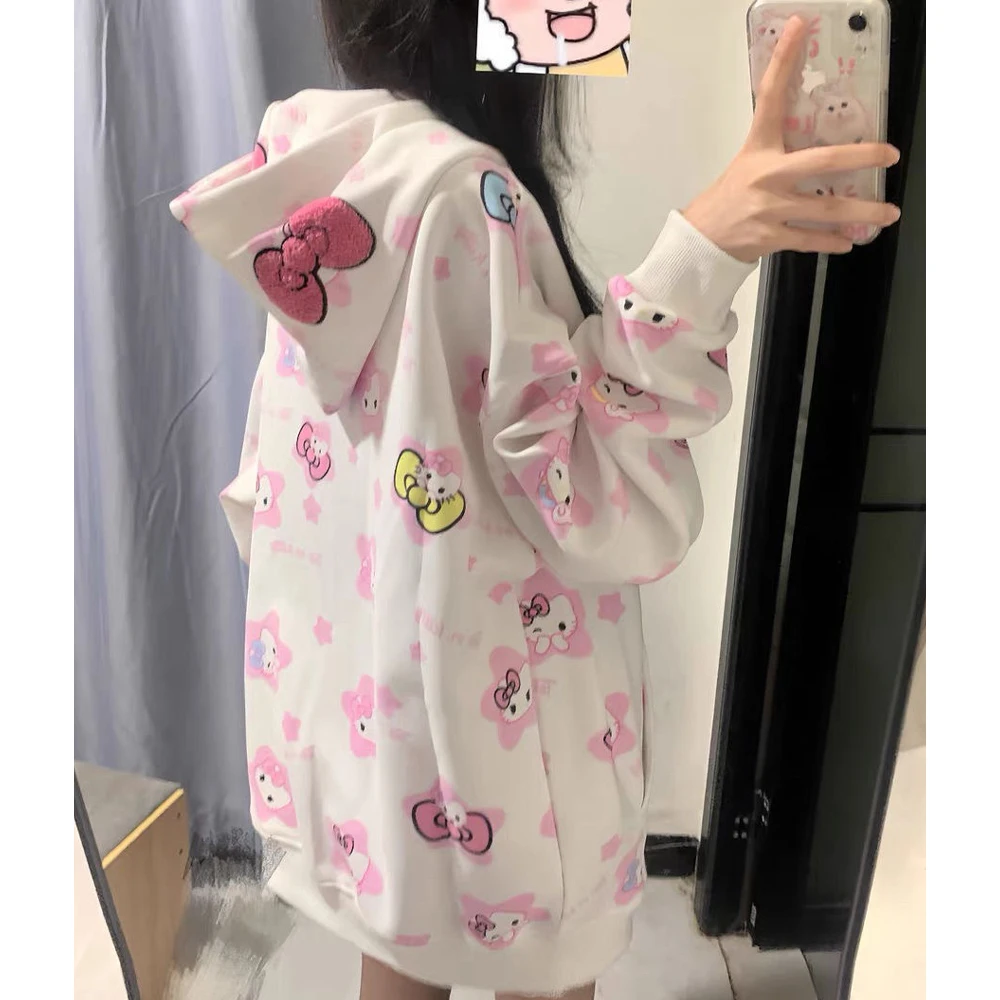 New Cartoon Sanrioed Hellokitty Cardigan Zip Hooded Sweatshirt Cute Kittys Printing Spring and Autumn Thin Coat Tops Anime Gift