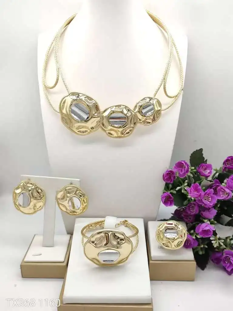 Bold Chunky Gold Jewelry Set for Women 4PCS Irregular Hammered Necklace Earrings Bracelet Ring Statement Party Gift New In