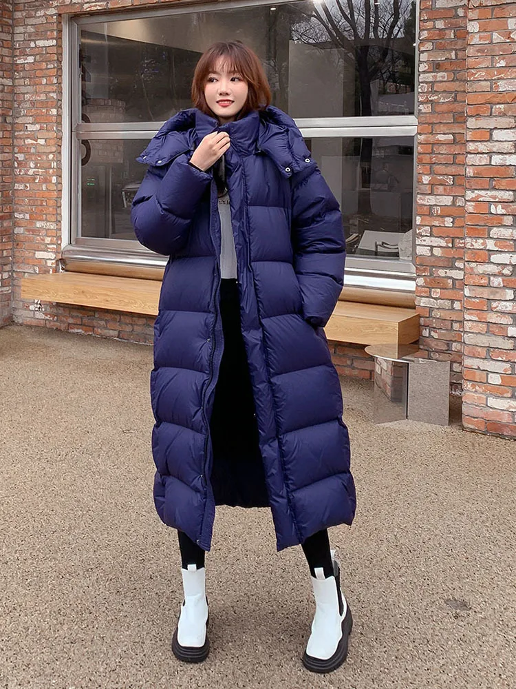 Women\'s X-Long Puffer Down Jacket Hooded Female 2023 Winter New Loose Long Warm Down Coat Slim Feather Parkas Outwear Clothing