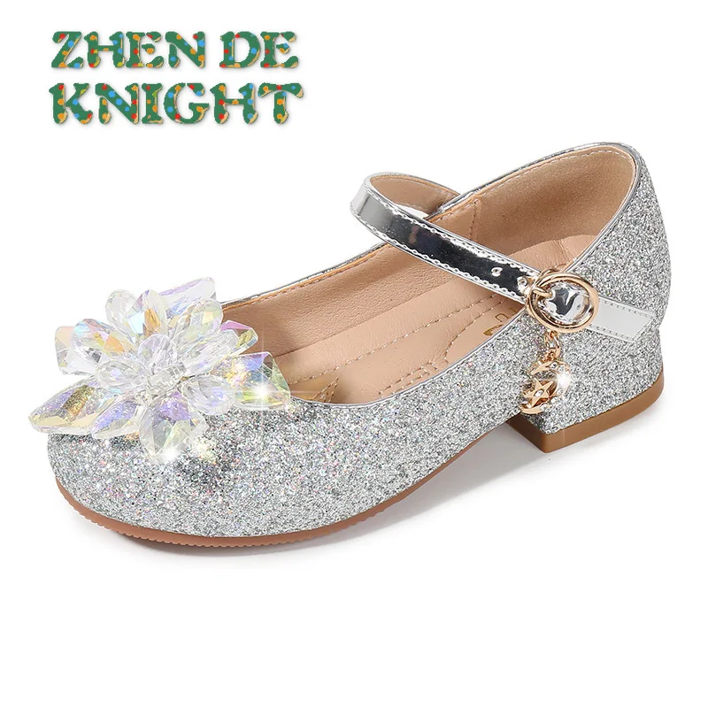 Girls' Crystal Princess Shoes Fashion Sequins Children's High Heels Student Silver Performance Shoes