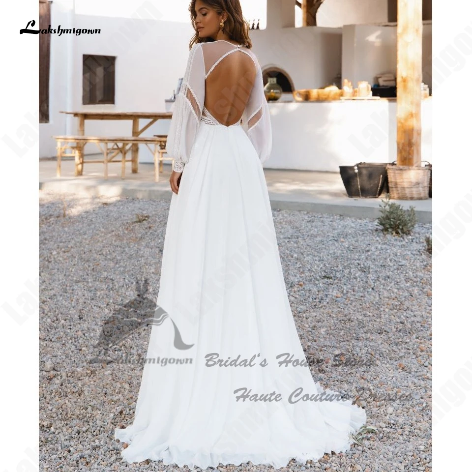 Lakshmigown – Robe de mariée Blanche à manches longues, Simple, style Boho, dos nu, Sexy, pour la plage, 2023