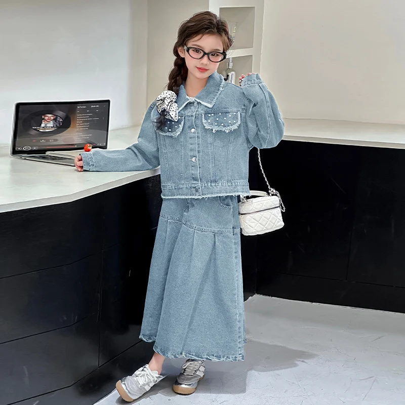 Fashion Kids Girls Denim Clothing Suit Skirt and Jacket 2 Piece Set for Teens Child Casual Streetwear Outfit Cowgirl Clothes Set 2