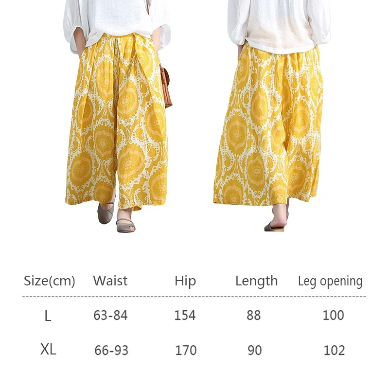 Yellow Artistic Loose Linen Wide-leg Pants for Women With Elastic Waist Casual Nine-point Pants All-match Skirt Pants