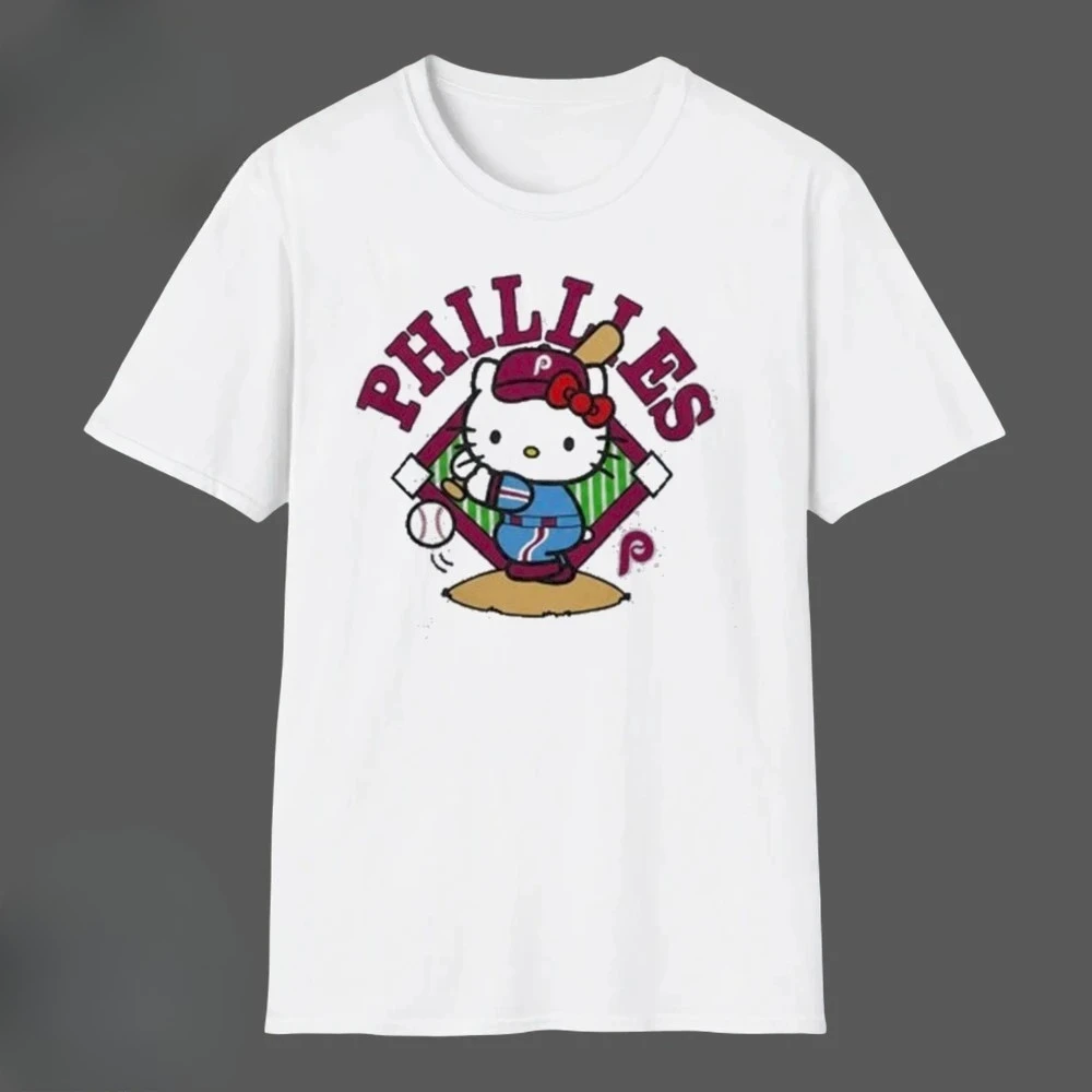 Hello Kitty Philadelphia Phillies T-shirt White Short Sleeve Tee Maroon Baseball Graphic Women Men Casual Sports Streetwear Top