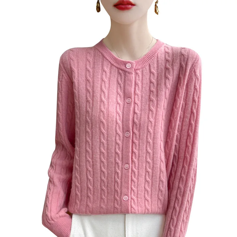 

woman Spring and autumn round Sweaters neck knitwear women 2025 new single breasted coat solid color Fried Dough Twists Cardigan