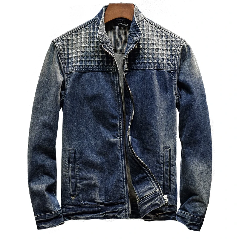 Mantel denim kerah berdiri ritsleting untuk pria 2024new jaket denim sepeda motor tampan retro modis musim gugur