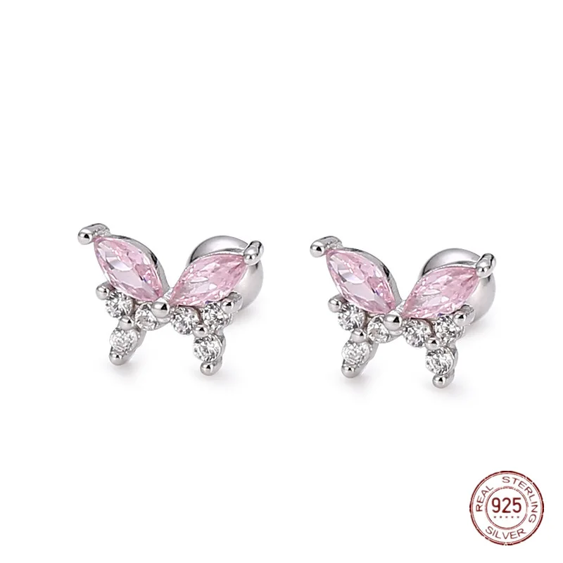 925 Sterling Silver Pink Zircon Butterfly Stud Earrings for Women Charm Insect Korean Fashion Earring Piercing Jewelry Wholesale