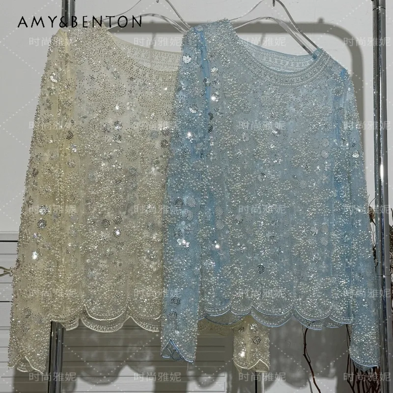 

2026 Spring Summer New Heavy Sequin Lace Shirt Women's Elegant Crew Neck Long Sleeves Casual Loose Pearl Mesh Beaded Top Blusas