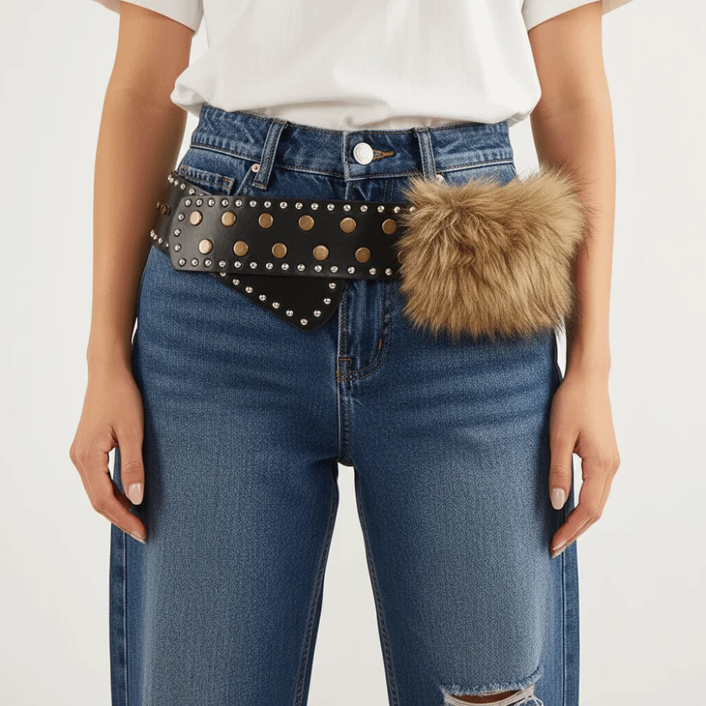 Cintura in pelliccia di pelle retrò di personalità Cintura larga con rivetti stile punk Cintura in peluche Y2K stile occidentale da donna