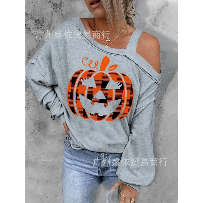 Woman Casual Off Shoulder Top Autumn & Winter Women\'s Fashion Clothes Halloween Christmas Pumpkin Print Thin Sweater for Women