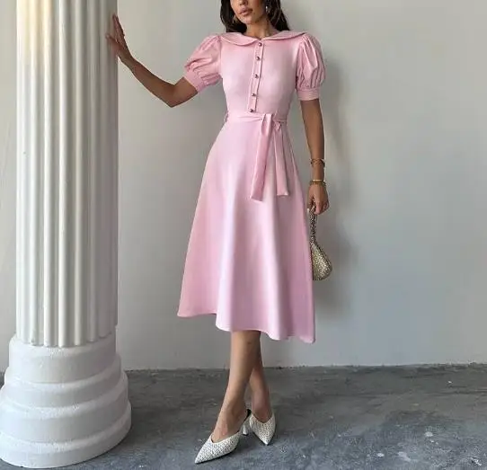 

Autumn New Lace Up Casual Dress for Women, Elegant and Slim Fit, Girlish Style, with A Lapel and Bubble Sleeves, A-Line Dress