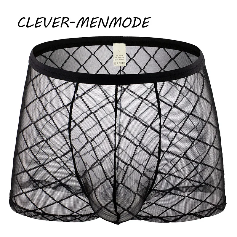 Men\'s Sexy Transparent Lace Panties Fishnet Sheer Boxer Shorts Breathable Low Rise Lingerie Exotic Costume Mesh Outfit