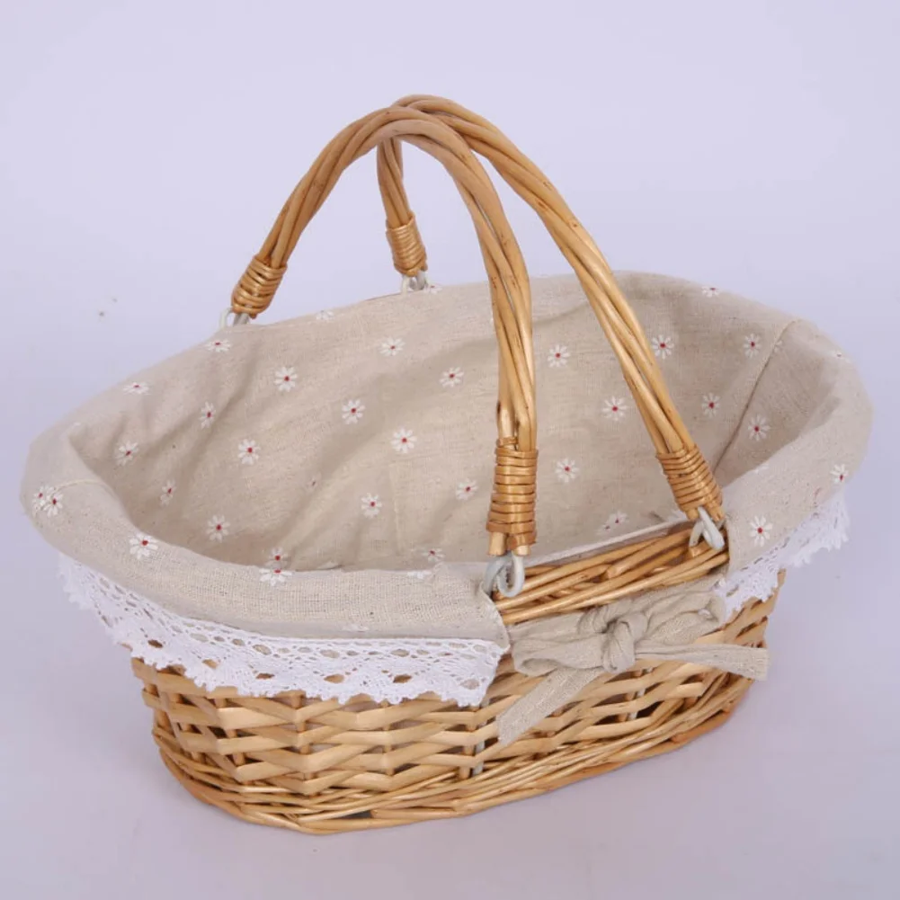 

Natural Material Hand Woven Storage Basket with Handle Linen Cloth Lined Wicker Basket for Kitchen and Outdoor Use